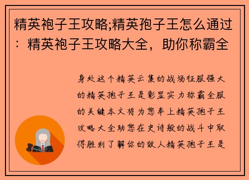 精英袍子王攻略;精英孢子王怎么通过：精英袍子王攻略大全，助你称霸全服